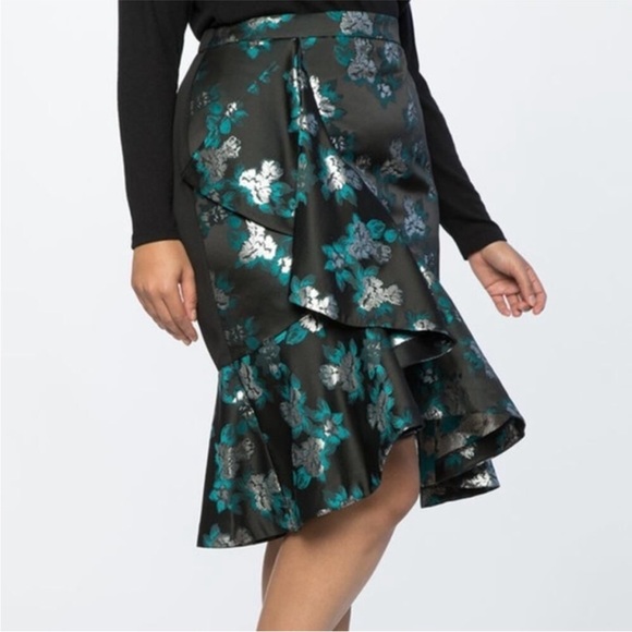 Eloquii Floral Ruffle Flounce Metallic Midi Skirt Black Teal 16 - Picture 1 of 10